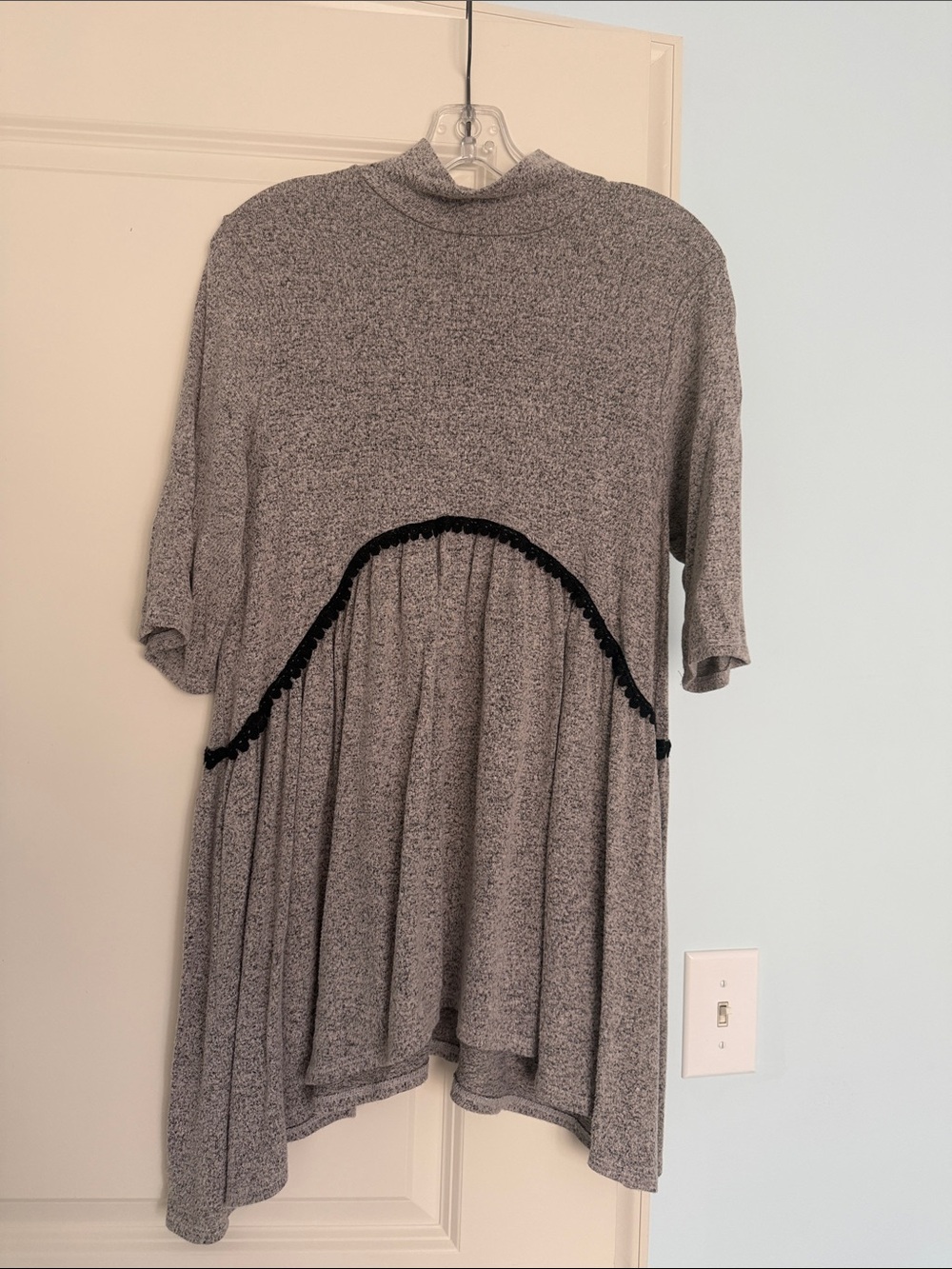 Grey Knit High-Low Babydoll Tunic with Black Trim